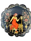 Vintage Russian Black Lacquer Pin Hand Painted Artist Signed Ethnic Folklore 2   