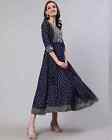 Indian Women Blue Rayon Printed Embroidered Fit   Flare Dress New Kurta Kurti