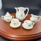 Vintage Porcelain Miniature Toy Tea Set With Pink Flowers   White Gold Trim