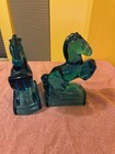 Pair Of Mcm Le Smith 8 25    Blue Art Glass Rearing Horse Bookends Figural Statues
