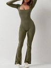 Women Bodycon Jumpsuit Long Sleeve Square Neck Slim Fit Flared Pants Romper Sexy