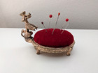Vtg Metal Poodle Dog Red Velvet Pin Cushion Sewing Hat Pin Holder