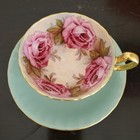 Vintage Aynsley 4 Pink Cabbage Roses Footed Turquoise Tea Cup Saucer