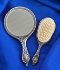 Vintage Art Nouveau Victorian Silver Plate Hand Mirror Brush Vanity Set Floral