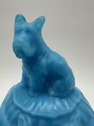 Vintage Blue Akro Agate Powder Puff Scottie Dog Milk Glass Lidded Dish