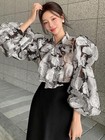 2025 New Womens Loose Retro Printed Floral Lantern Top Shirt Long Sleeve Shirts