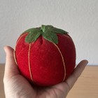 Antique Vtg Red Velvet Pin Cushion Tomato Apple W  Green Felt Stem Sewing Large
