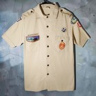 Vtg 80s Boy Scouts Bsa Uniform Shirt Mens M Tan Patches Scoutmaster Leader Usa