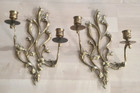 Vtg Pair Of Elaborate Gold Brass Double Candle Wall Sconce Candelabras England