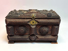 19c antique German Tramp Art Wooden Jewelry Sewing Trinket Box Carved Chip Wood