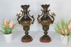 Antique Pair Spelter Bronze Marble Urns Vases Birds Satyr Head 