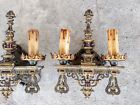 Pair Antique Cast Iron Gold Polychrome Lion Tudor Double Light Wall Sconces