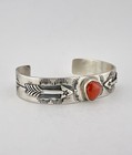 Wilford Begay Navajo Sterling Silver Red Coral Stamped Arrow Cuff Bracelet