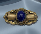 Antique Vtg Victorian Art Nouveau Cobalt Blue Glass Cabochon Brass Bar Brooch
