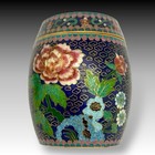 Chinese Cloisonn   Blue Enamel Lidded Jar Box Barrel Shape W  Wood Stand Floral