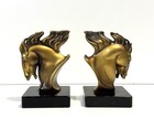 Vintage Art Deco Pair Of Metal And Marble Horse Head Bookends
