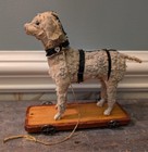 Unique Antique German Putz Poodle Dog Pull Toy Wooden Base Metal Wheels 7  X 7 