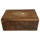 Vtg Wooden Box Hand Carved Jewelry Trinket Jungle Sheesham Wood Inlay Hinged Lid