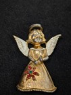 Vtg Christmas Angel Brooch Red Poinsettia Flower Green Rhinestone Gold Tone Pin