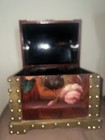 Vtg Wooden Treasure Chest Trunk Jewelry Box Gold Brass Tacks Handpainted Flowers