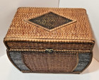 Vtg Brown Wooden And Wicker With Metal Decor Sewing Basket 12  X 9 5  X 6 