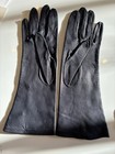 Vintage Navy Blue Italian Kidskin Leather Gloves With Floral Embroidery 6 1 2