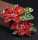 Vintage Red   Green Rhinestone 3d Christmas Poinsettia Flower Gift Pin Brooch