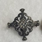 925 Sterling Silver Marcasite Ornate Cross Brooch Pin 3 5g Vintage