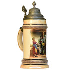 Antique German Beer Stein - Hunters   Hand-painted   Pewter Lid    5 L   Ca 1900