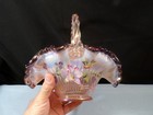 Fenton Hand Painted Champagne Iridescent Glass Candy Ribbon Basket - Hummingbird