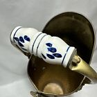 Antique Vtg Hammered Brass Umbrella Stand Scuttle 3 Lion Head  Porcelain  Handle