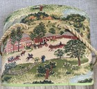 Vintage Oval  Sewing Box With Grandma Moses Pattern Barkcloth Fabric No Lid