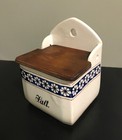 Beautiful Vintage Germany Blue And White Salt Box Wooden Lid Hanging