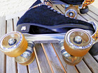 Moxi Black Suede Roller Skates Sz 6 W accent Panther Toe Cup   Laces Free S h
