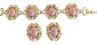 Vintage 1950s Gold Tone Bracelet   Clip Earrings Set Pink Confetti Cabochon