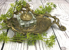 Antique Vtg Victorian Ornate Brass Glass Art Nouveau Footed Desk Ink Well