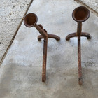 Antique Cast Iron Fireplace Andirons Pair Rustic Arched Legs Hearth France
