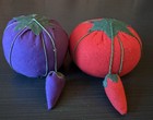2 Vintage Sewing Pin Cushions Red   Purple Tomato With Emery Strawberry 