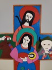 Vintage El Salvador Folk Art Painted Wooden Cross Religious Nativity Scene