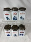    vintage Milk Glass Dutch Girl Boy Spice Shaker Jars Set Of 6 Tin Lids 1930s
