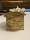 Antique French Ormolu Beveled Glass Footed Oval Casket Jewelry Box
