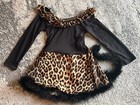 Girls Leopard Print Black Long Sleeve Dance Dress Feather Trim Size M Os20