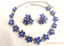 Vintage Coro Wire Cage Blue Lucite   Rhinestone Flower Necklace Earrings Set