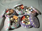 Small Colorful Lidded Tin Filled With 30  Miniatures Trinkets Charms Figures 