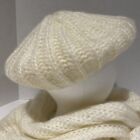 Vtg Wool Beret Hat   Scarf Set Ivory Ribbed Knit Lightweight Fringe Free Ship
