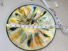 Vintage Enamel On Copper Low Sided Bowl 11    Abstract Gold  Blue  Green