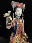 Chinese Pottery Wucai Porcelain Woman Ladies Girl W bird Statue  9 1 2  Tall