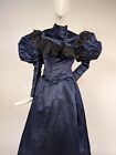 Victorian 19th C Sapphire Blue Silk Satin Bustle Dress W Huge Puff Sleeves