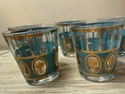 Set Of   5   Vintage Mcm Turquoise   Gold Low Ball Rocks Barware 4 Oz Glasses