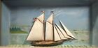 Large Antique Coastal Marine Sailing Ship Diorama W glass  Cloth Sails W rigging